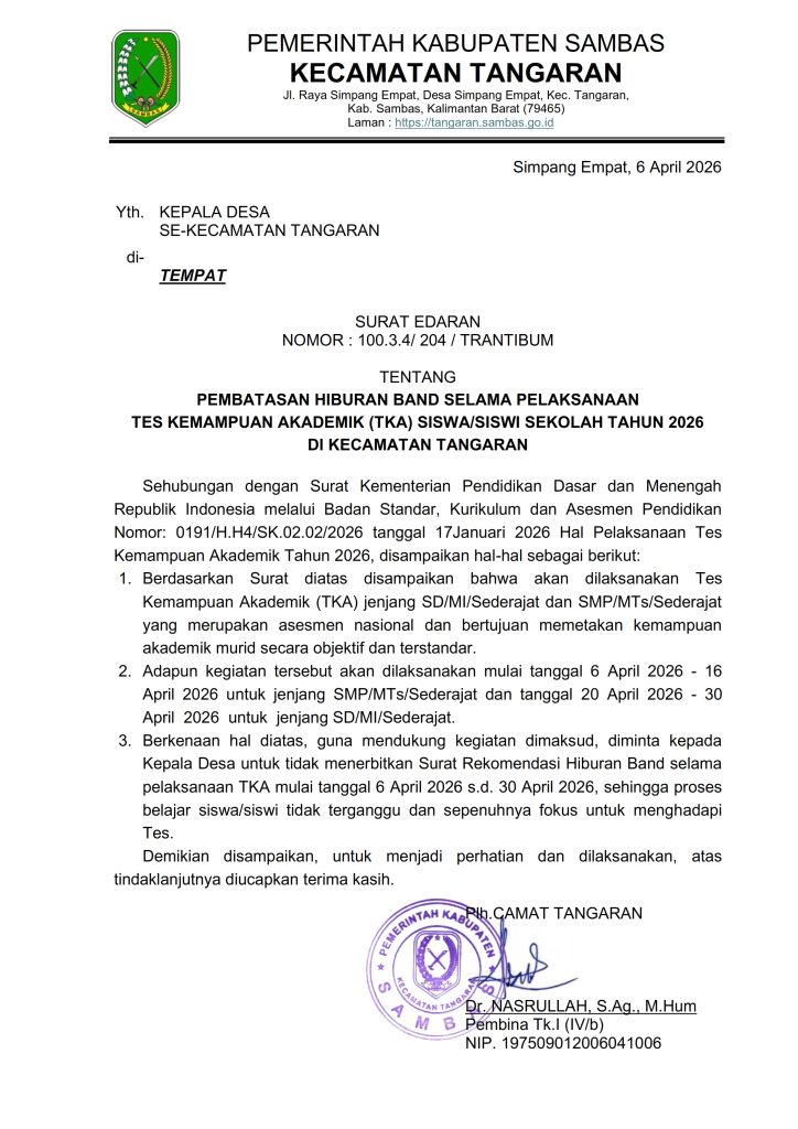 Sekcam Tangaran mengajak seluruh lapisan masyarakat mendukung pelaksanaan tes kemampuan akademik (TKA) tahun 2026